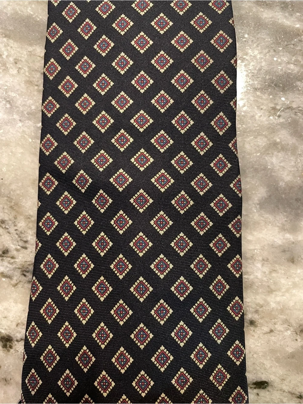 Vintage Hardy Amies Savile Row London Silk Necktie – Navy Geometric Medallion